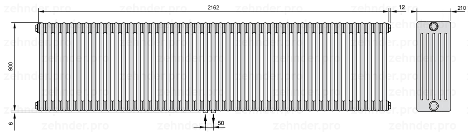 Схема (чертеж) Радиатор Zehnder Charleston 6090/47 №3470 Белый глянцевый RAL 9016
